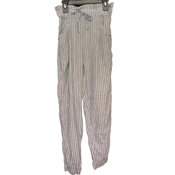 American Eagle Linen Beach Pants Size XS Blue and White Striped Paperbag Waist - Picture 2 of 11